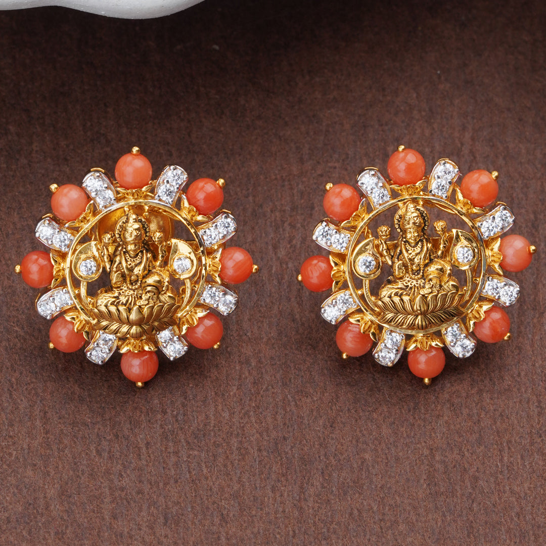 Temple Lakshmi Coral Gold Stud Earrings with Diamonds