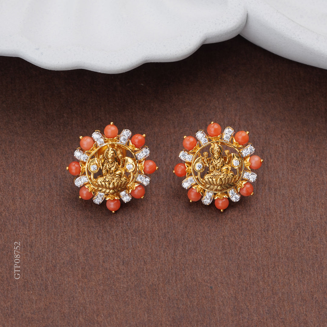 Temple Lakshmi Coral Gold Stud Earrings with Diamonds