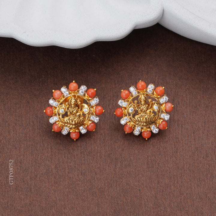 Temple Lakshmi Coral Gold Stud Earrings with Diamonds