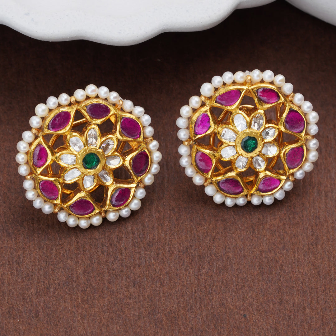 Floral Gold Stud Earrings with Pearls, Emerald & Ruby Stones
