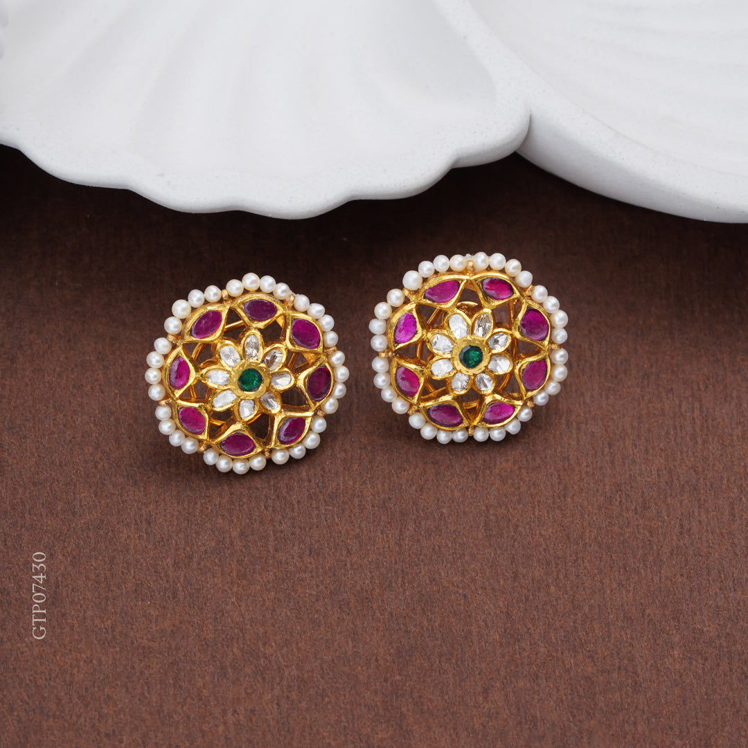 Floral Gold Stud Earrings with Pearls, Emerald & Ruby Stones