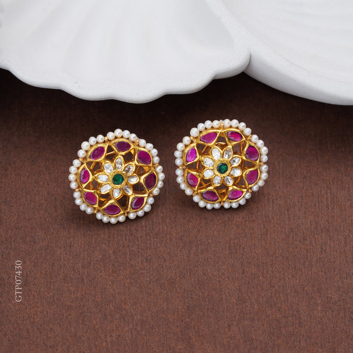 Floral Gold Stud Earrings with Pearls, Emerald & Ruby Stones