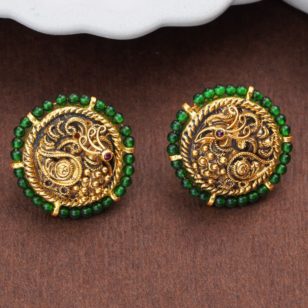 Antique Peacock Gold Stud Earrings with Emerald Beads