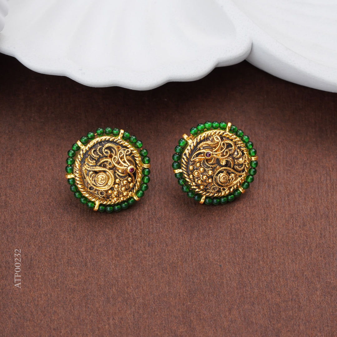 Antique Peacock Gold Stud Earrings with Emerald Beads