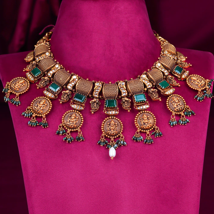 Temple Lakshmi Antique Gold Necklace with Green Stones