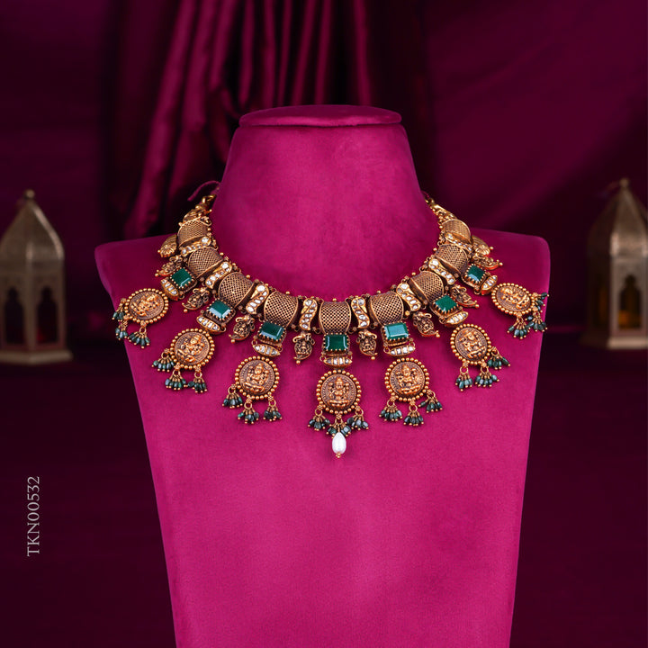 Temple Lakshmi Antique Gold Necklace with Green Stones