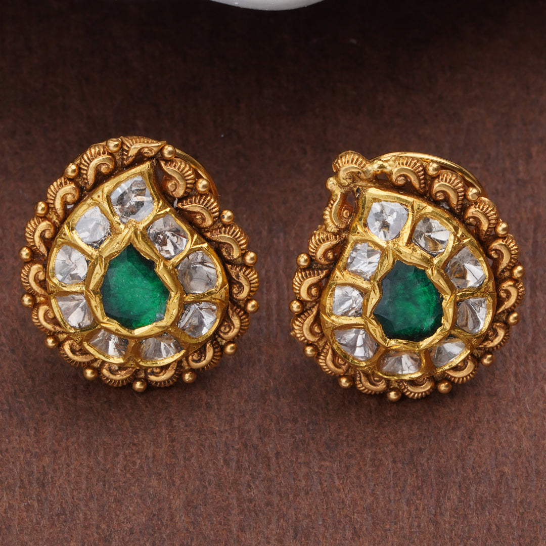 Emerald Polki Gold Stud Earrings