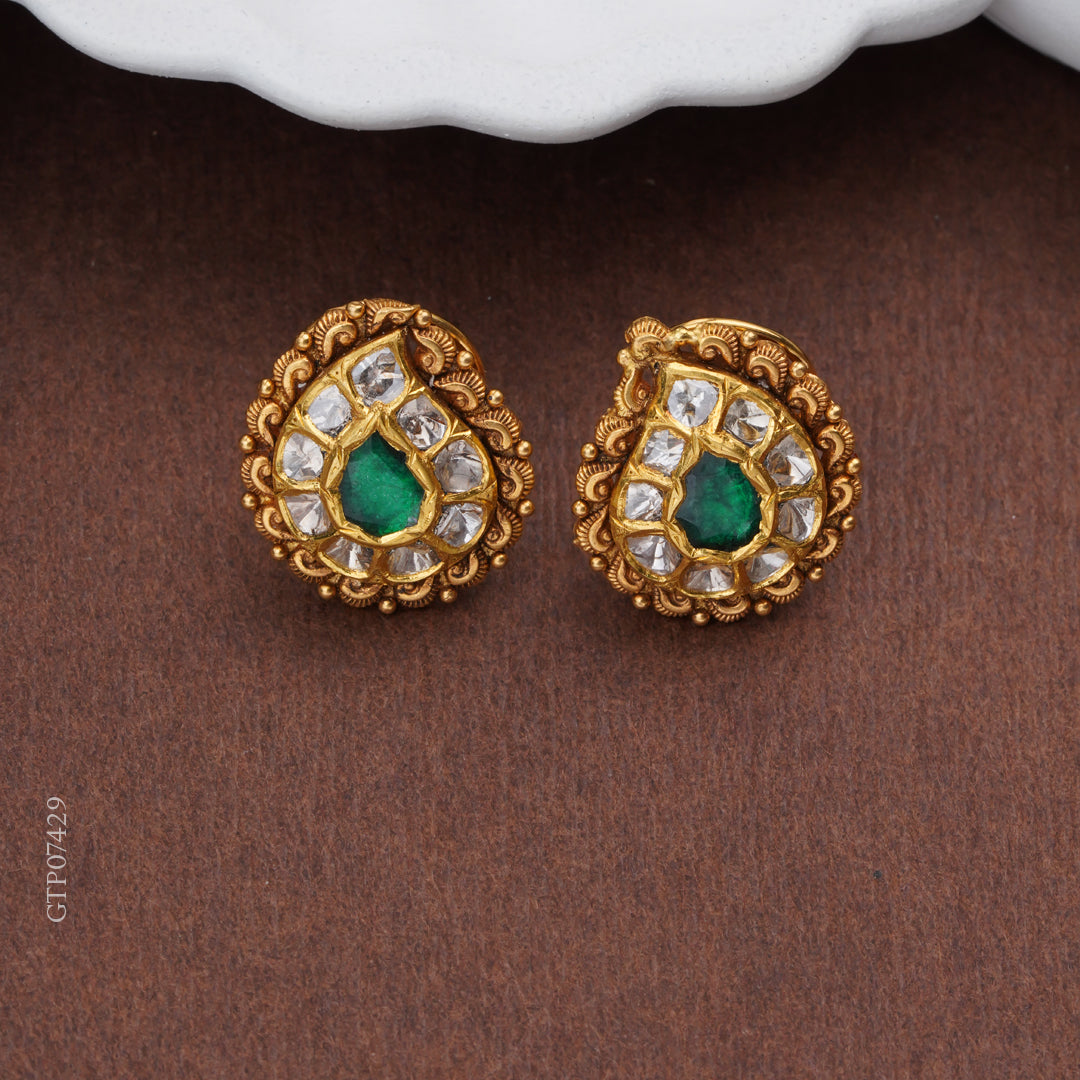 Emerald Polki Gold Stud Earrings
