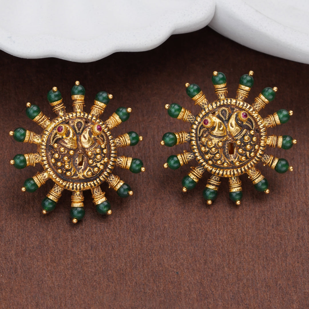 Antique Peacock Gold Stud Earrings with Emerald Beads