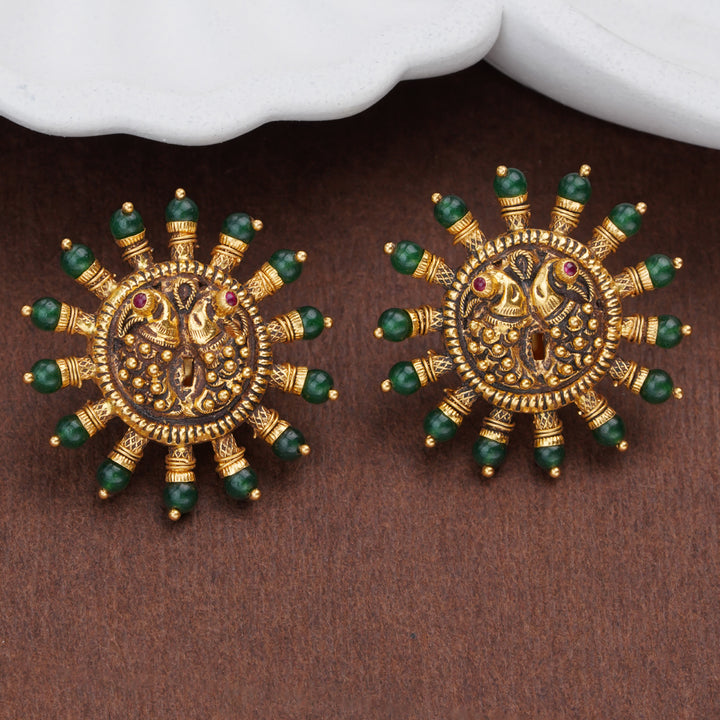 Antique Peacock Gold Stud Earrings with Emerald Beads