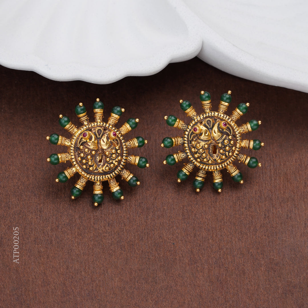 Antique Peacock Gold Stud Earrings with Emerald Beads