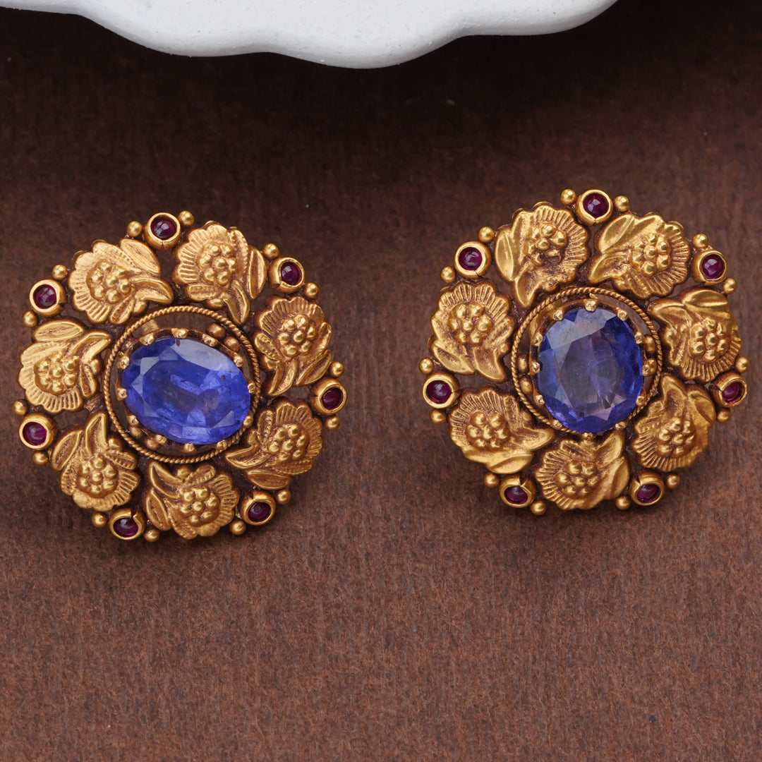 Blue Sapphire Floral Gold Stud Earrings