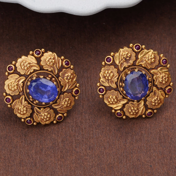Blue Sapphire Floral Gold Stud Earrings