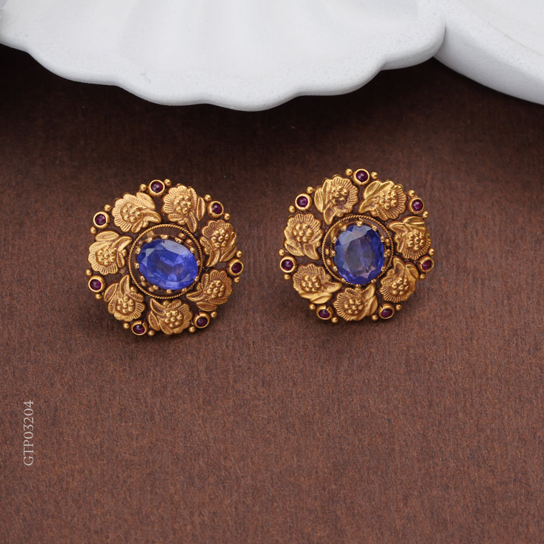 Blue Sapphire Floral Gold Stud Earrings
