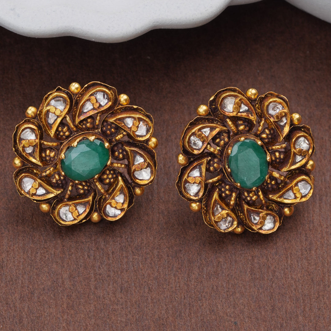 Emerald Floral Antique Gold Stud Earrings