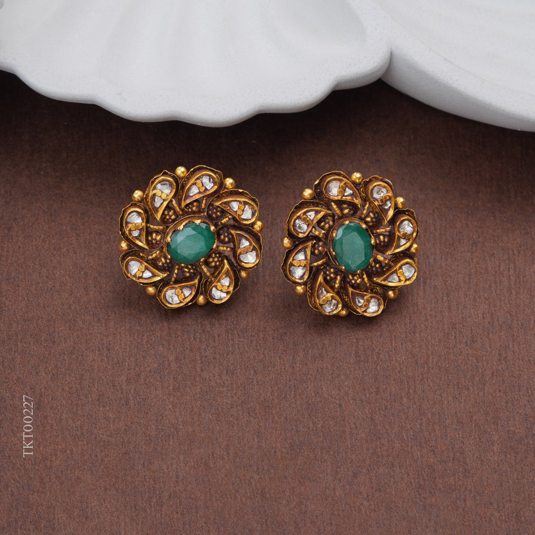 Emerald Floral Antique Gold Stud Earrings