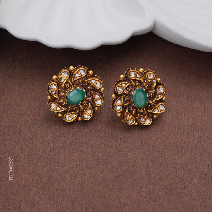 Emerald Floral Antique Gold Stud Earrings