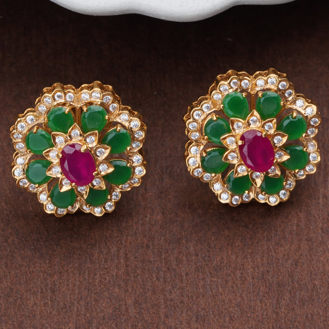 Emerald & Ruby Floral Gold Stud Earrings