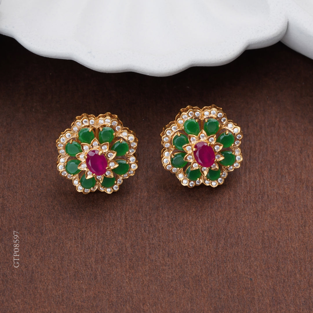 Emerald & Ruby Floral Gold Stud Earrings