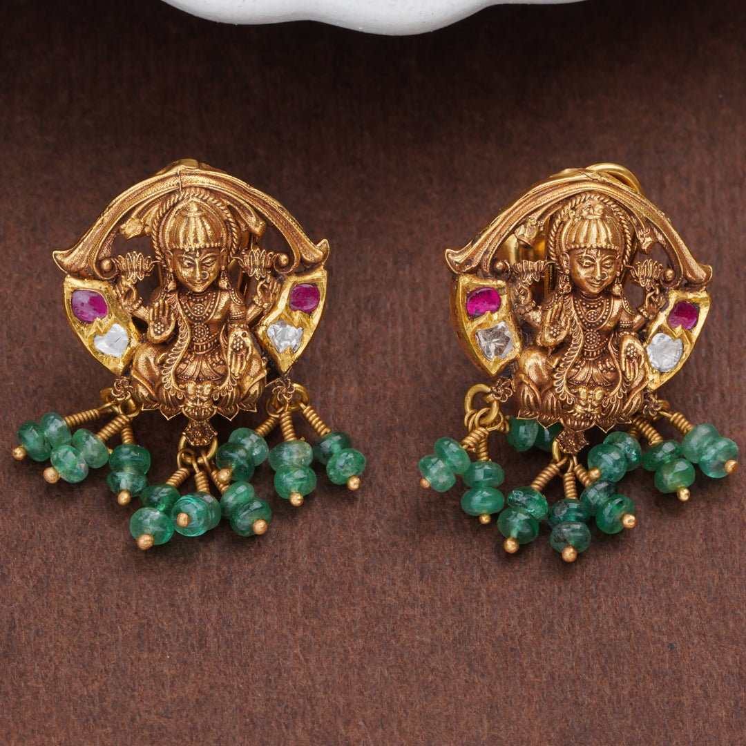 Lakshmi Gold Earrings with Emerald Beads