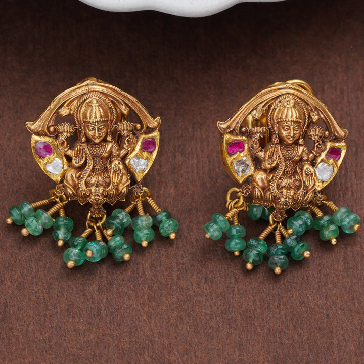 Lakshmi Gold Earrings with Emerald Beads
