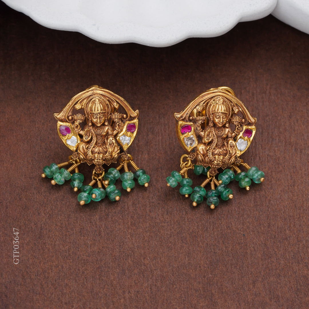 Lakshmi Gold Earrings with Emerald Beads
