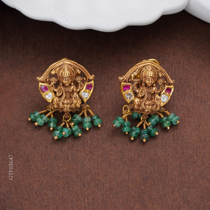 Lakshmi Gold Earrings with Emerald Beads
