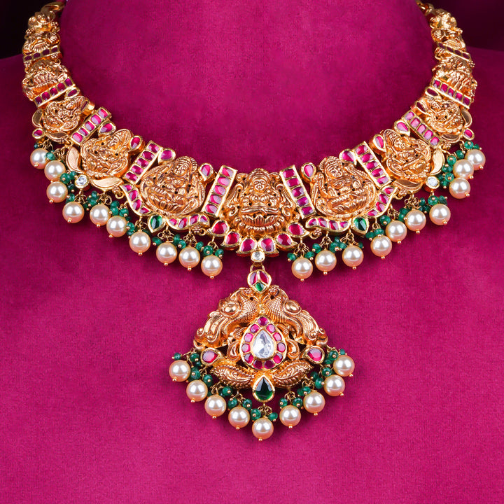 Temple Lakshmi Antique Gold Necklace with Ruby Stones & Pearls