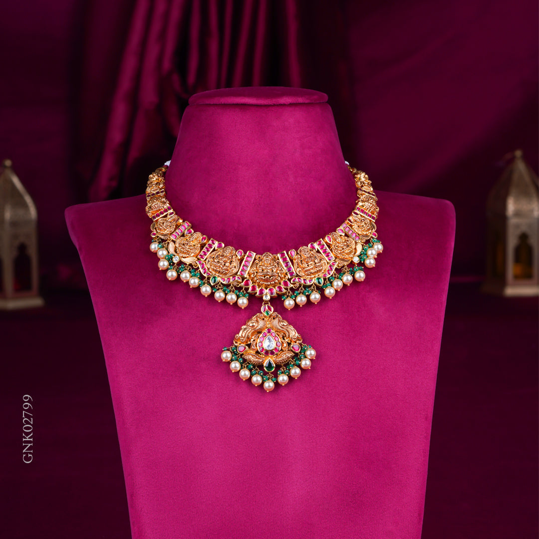 Temple Lakshmi Antique Gold Necklace with Ruby Stones & Pearls