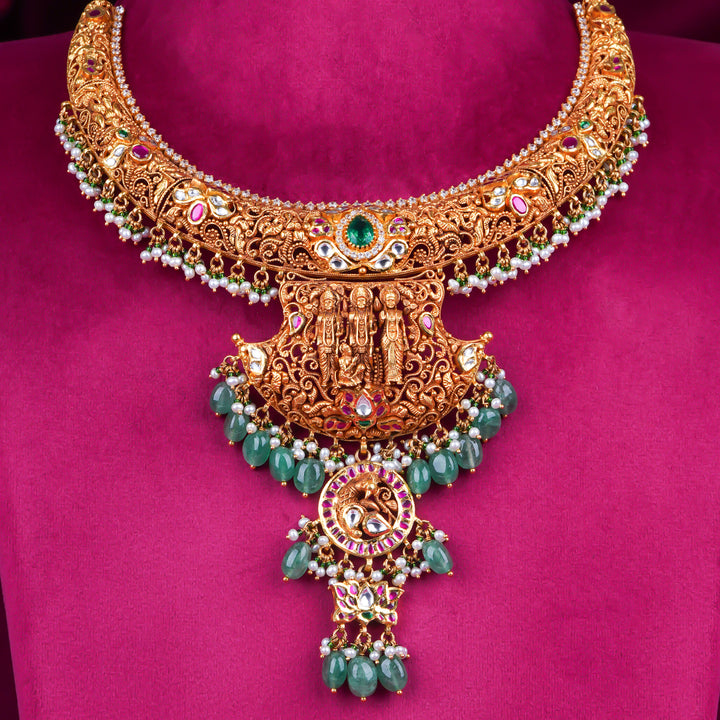 Grand Temple Lakshmi Antique Gold Necklace with Emerald & Pearl Drops