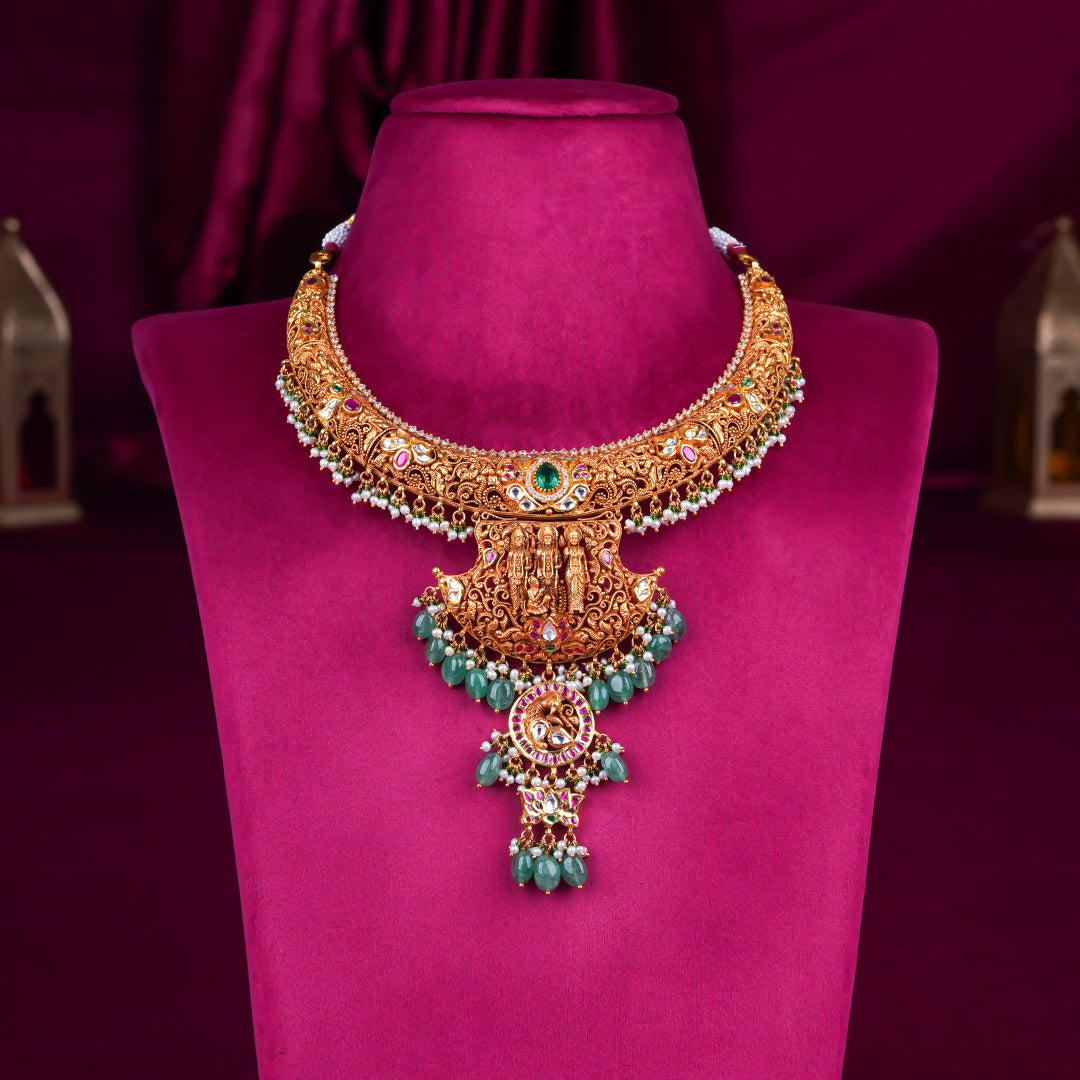 Grand Temple Lakshmi Antique Gold Necklace with Emerald & Pearl Drops