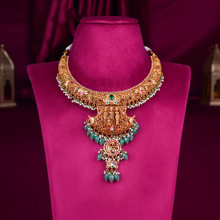 Grand Temple Lakshmi Antique Gold Necklace with Emerald & Pearl Drops
