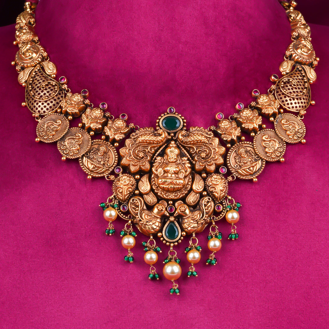 Temple Lakshmi Antique Gold Coin Necklace with Pearl & Green Drops
