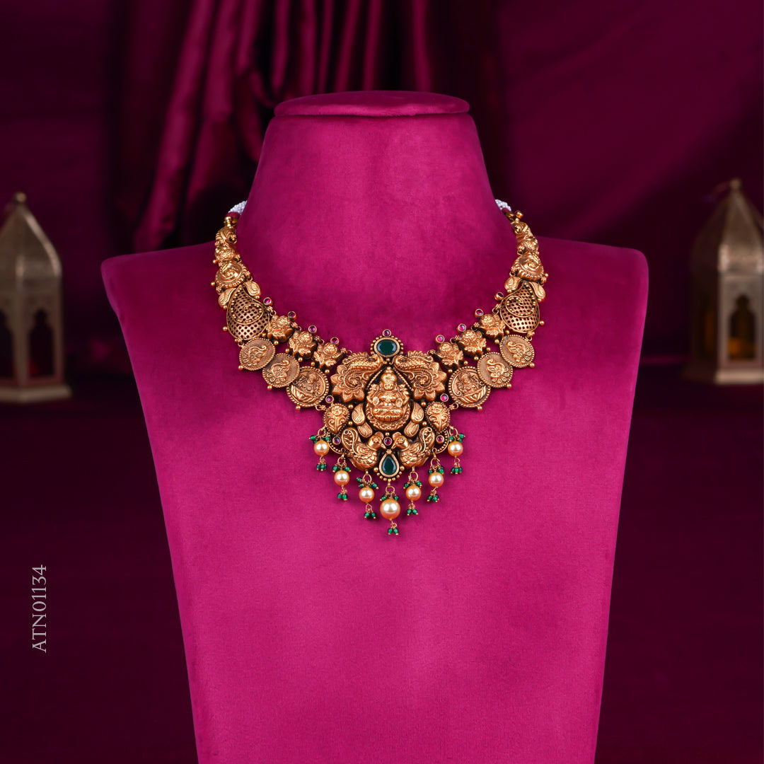Temple Lakshmi Antique Gold Coin Necklace with Pearl & Green Drops