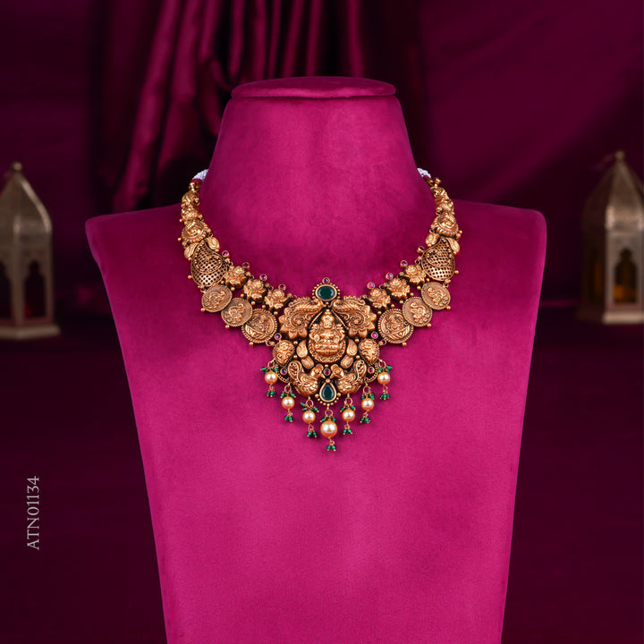 Temple Lakshmi Antique Gold Coin Necklace with Pearl & Green Drops