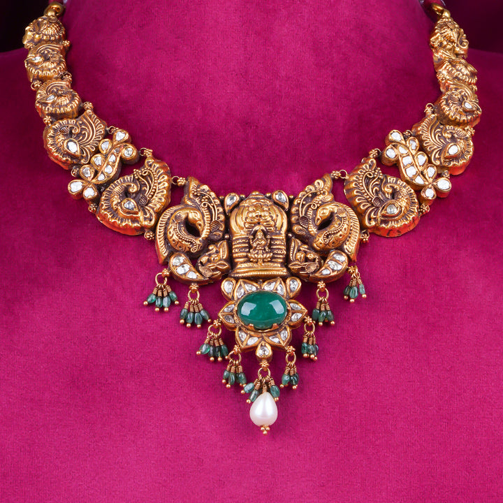 Antique Temple Lakshmi Gold Necklace with Emerald Center & Pearl Drops