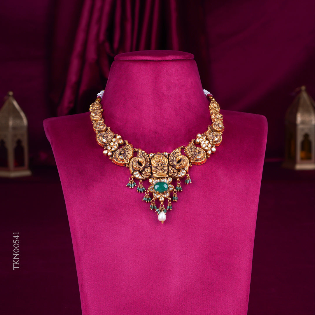 Antique Temple Lakshmi Gold Necklace with Emerald Center & Pearl Drops