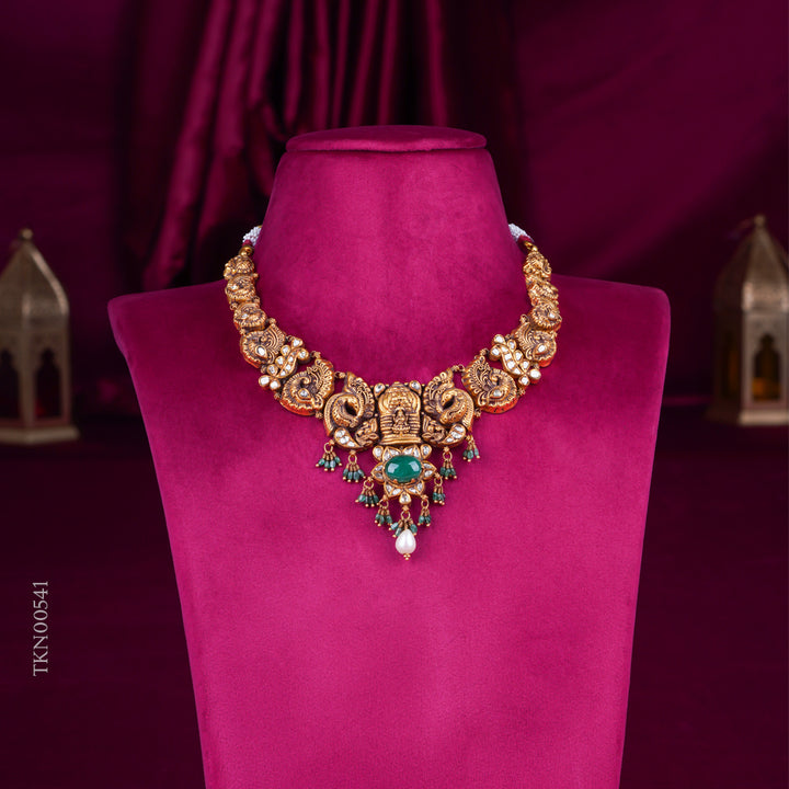 Antique Temple Lakshmi Gold Necklace with Emerald Center & Pearl Drops