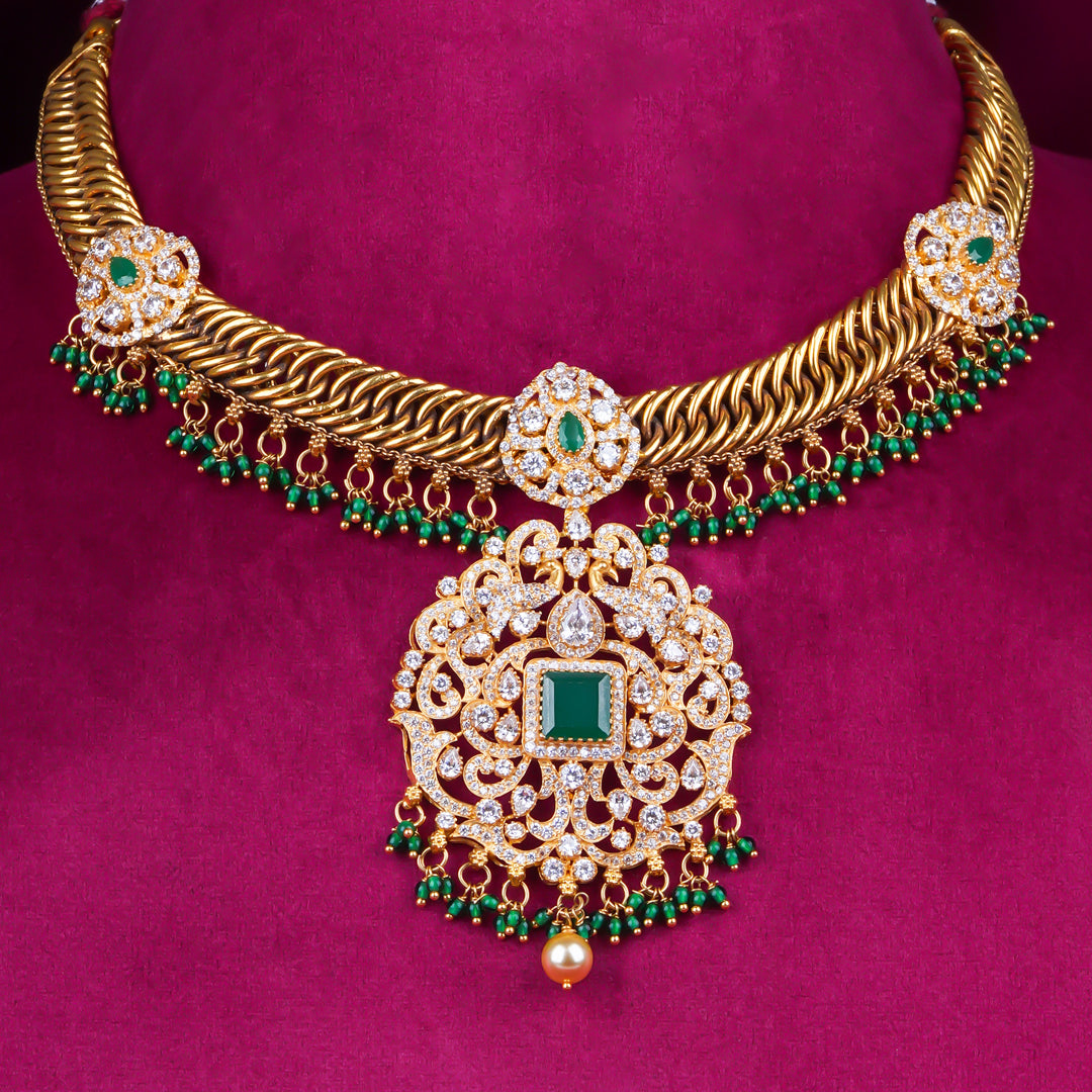 Diamond-Style Emerald Pendant Gold Necklace with Green Bead Drops