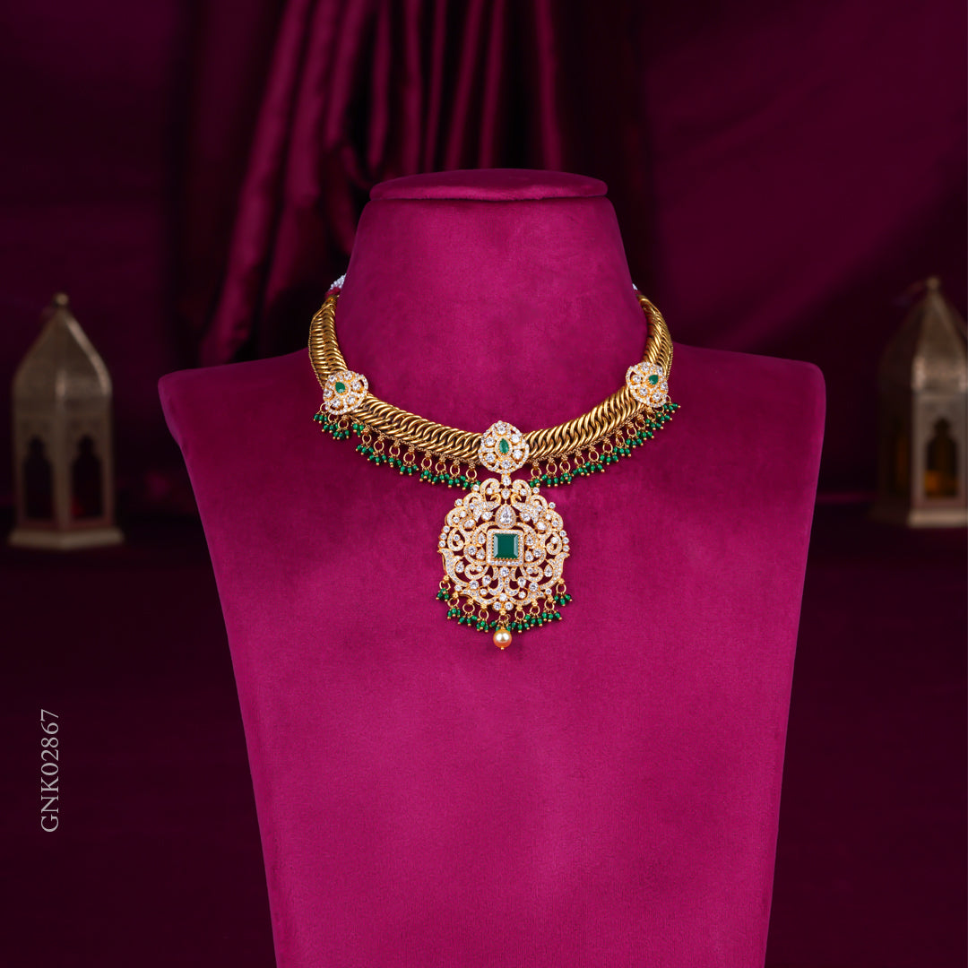 Diamond-Style Emerald Pendant Gold Necklace with Green Bead Drops