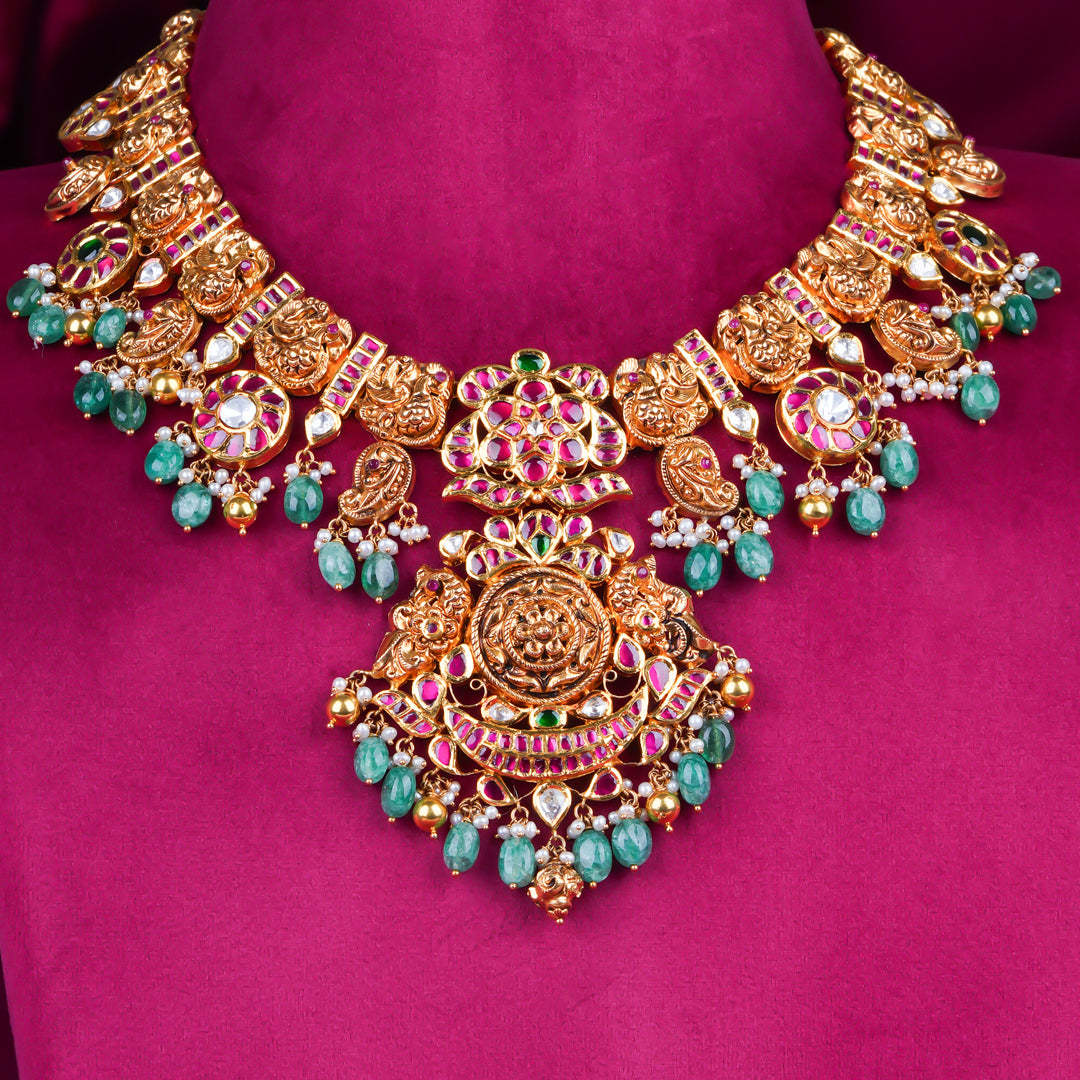 Grand Temple Lakshmi Bridal Necklace with Green Drops & Kundan Work
