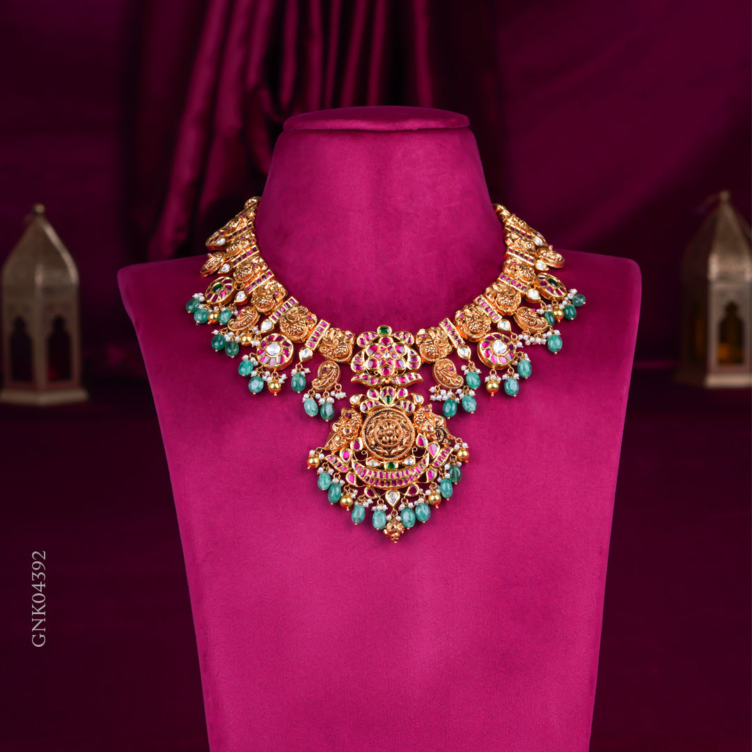 Grand Temple Lakshmi Bridal Necklace with Green Drops & Kundan Work
