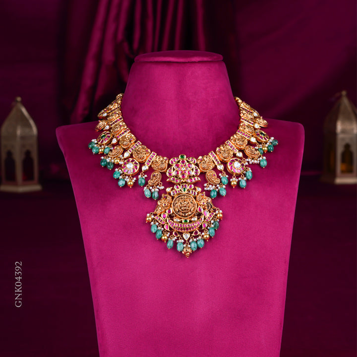 Grand Temple Lakshmi Bridal Necklace with Green Drops & Kundan Work