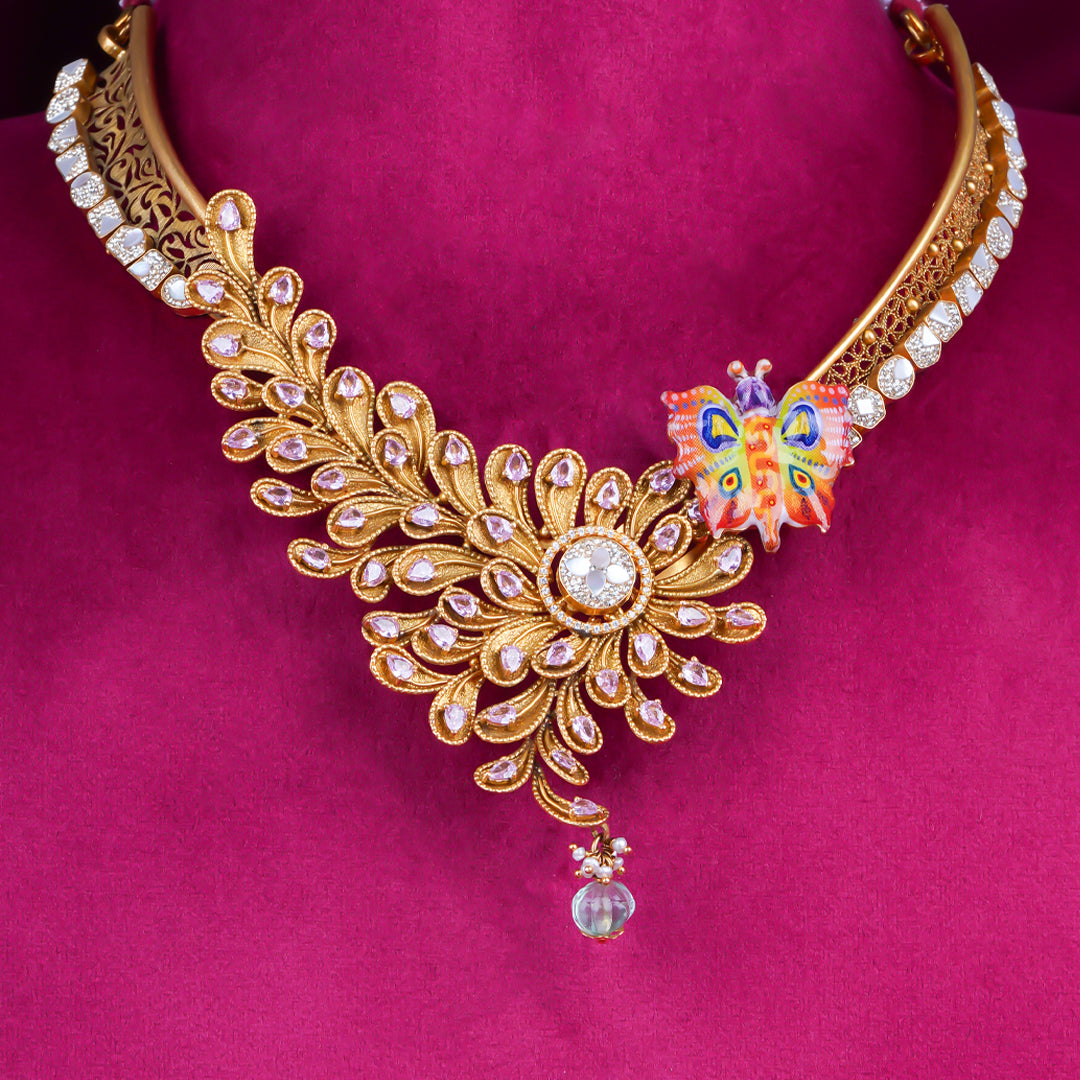 Designer Gold Floral Necklace with Diamond Accents & Butterfly Detail