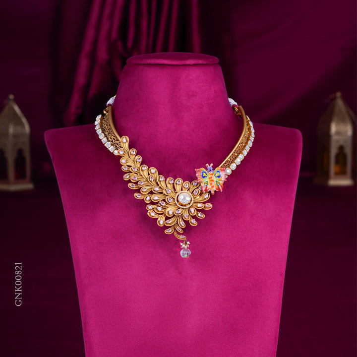 Designer Gold Floral Necklace with Diamond Accents & Butterfly Detail