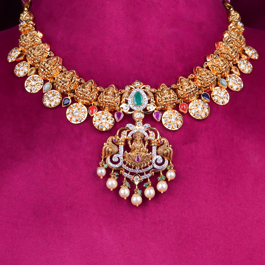Grand Temple Lakshmi Gold Necklace with Multi-Color Stones