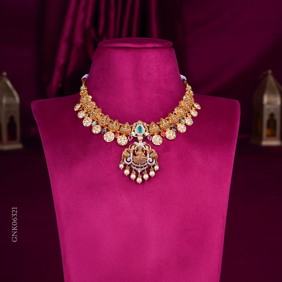 Grand Temple Lakshmi Gold Necklace with Multi-Color Stones