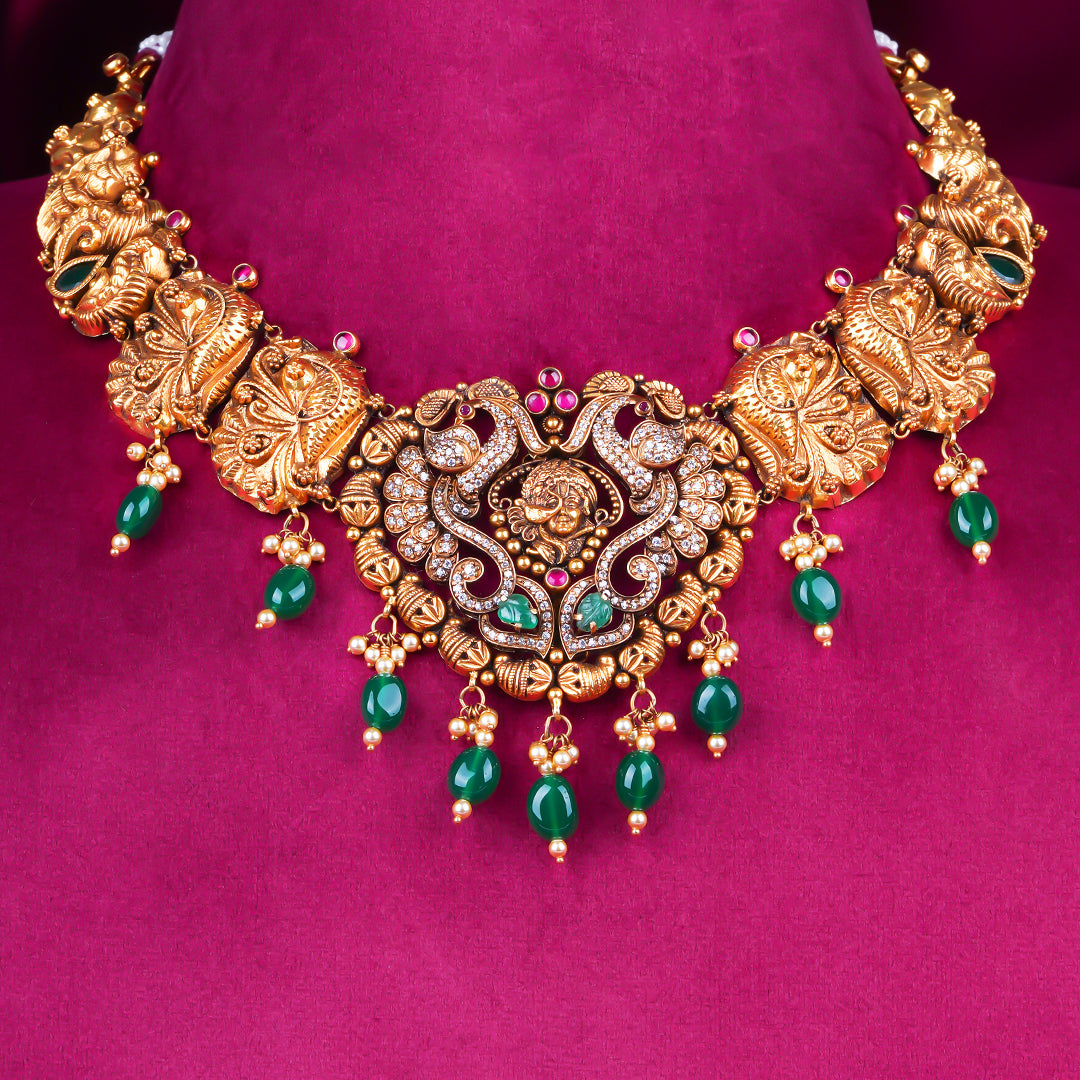 Antique Temple Lakshmi Gold Necklace with Emerald Drops