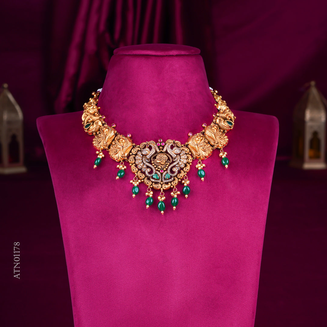 Antique Temple Lakshmi Gold Necklace with Emerald Drops