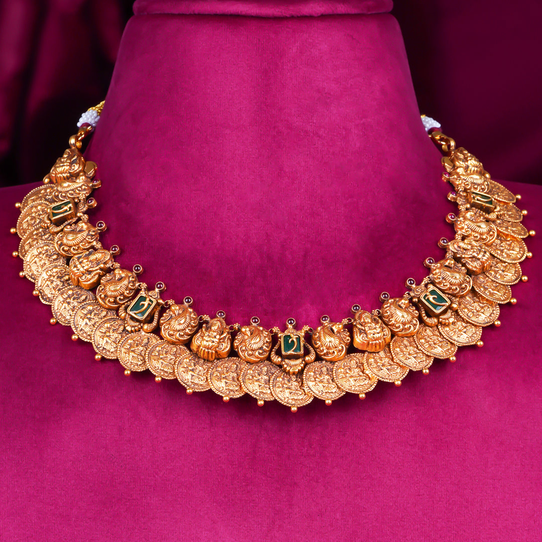 Traditional Temple Coin Gold Necklace with Lakshmi Motifs